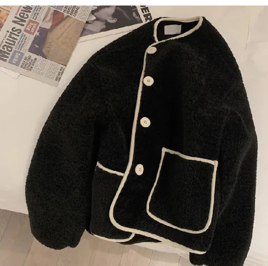 Casual Color Block Lamb Wool Loose Coat