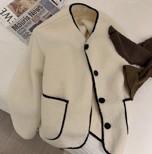 Casual Color Block Lamb Wool Loose Coat