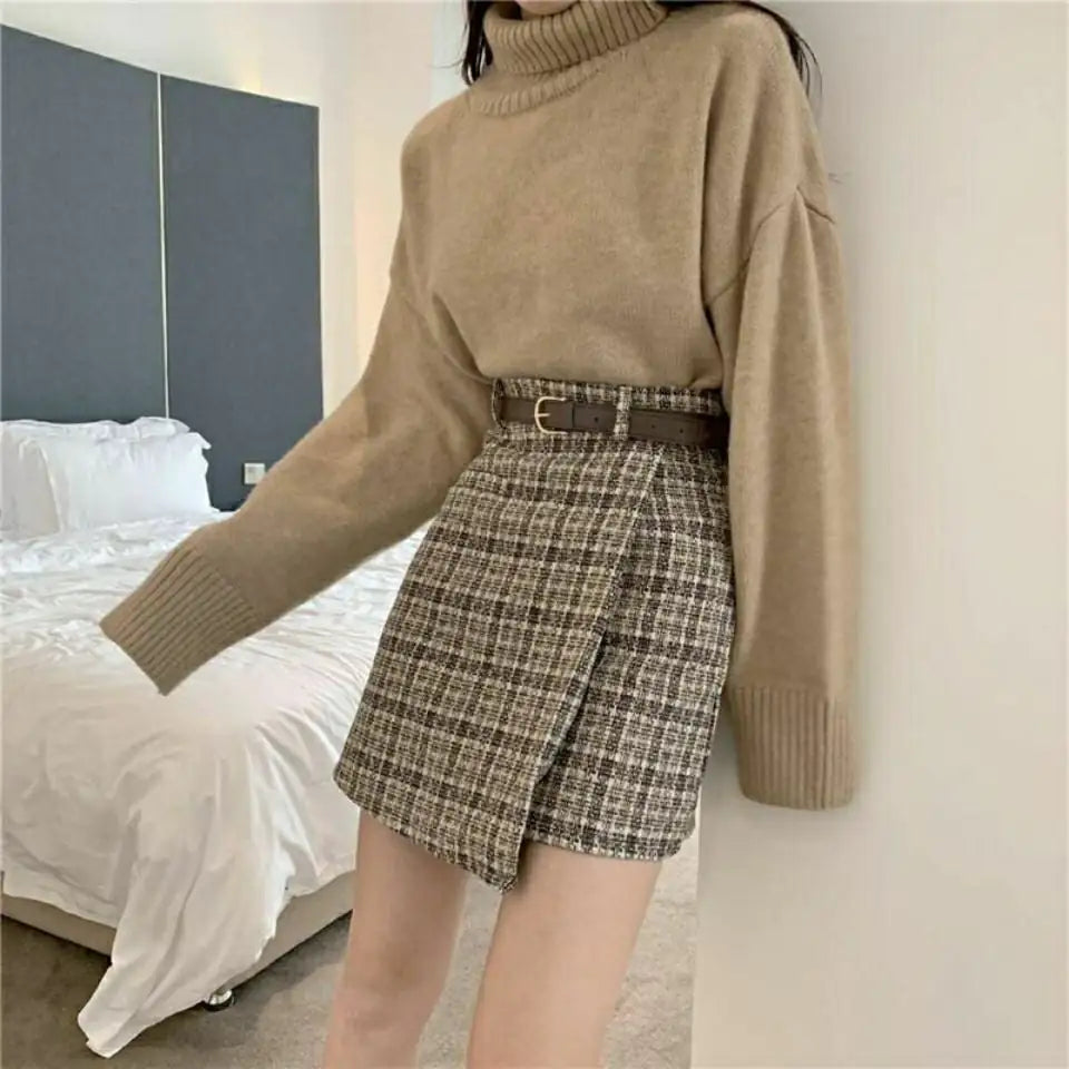 High-Waisted A-Line Woolen Plaid Skirt for Women