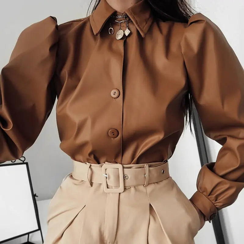 Puff Sleeve Top, Women's Leather Shirt, Fashion Blouse