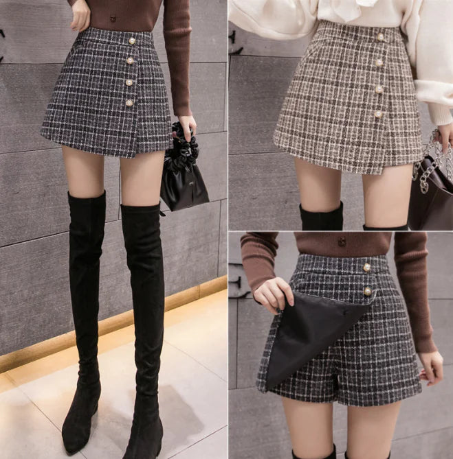 High-Waisted A-Line Woolen Plaid Skirt for Women
