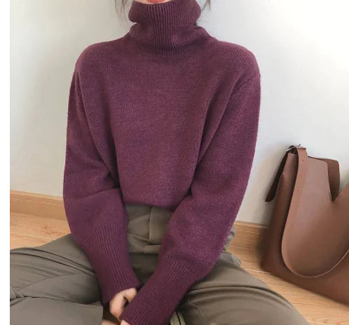 Retro Loose Knit Turtleneck Sweater for Women
