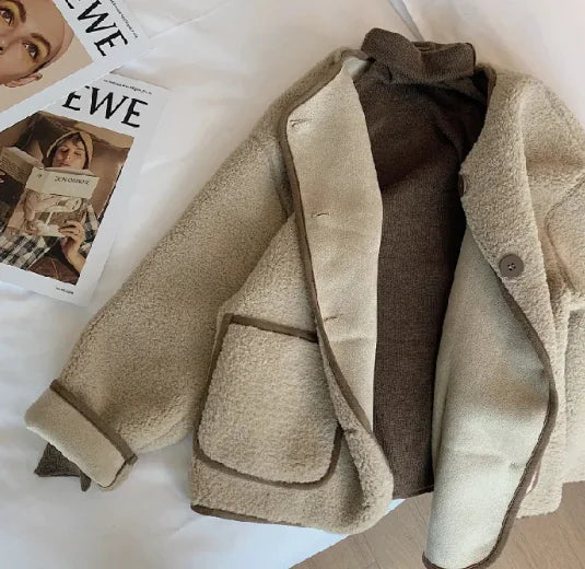 Casual Color Block Lamb Wool Loose Coat