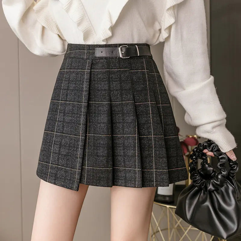 High Waist Thin Woolen Plaid A-line Skirt