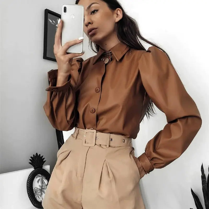 Puff Sleeve Top, Women's Leather Shirt, Fashion Blouse