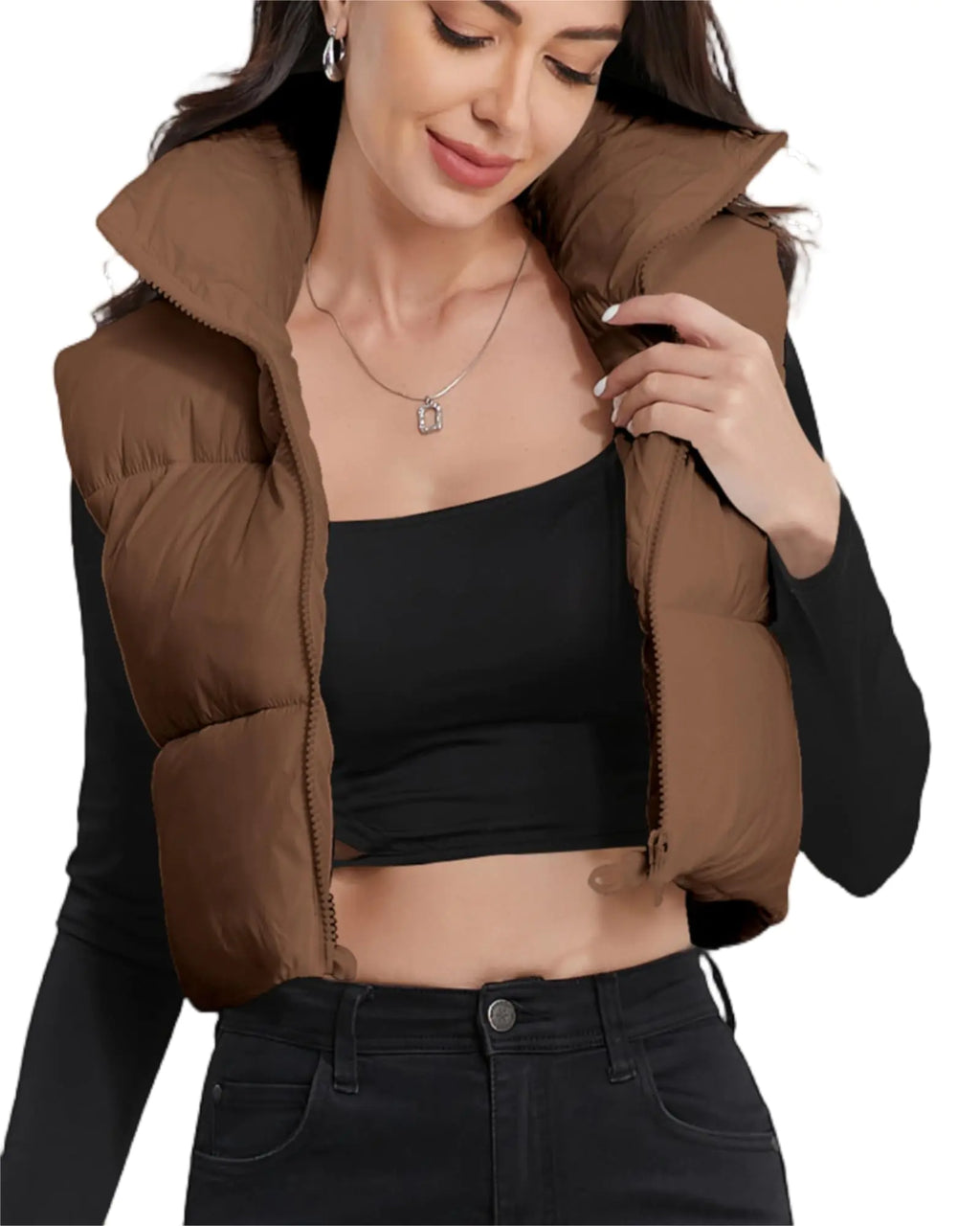 Womens Padded Crop Vest High Stand Collar Lightweight Zip Crop Puffer Gilet