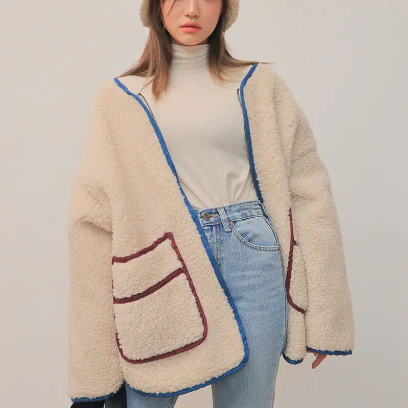 Casual Color Block Lamb Wool Loose Coat
