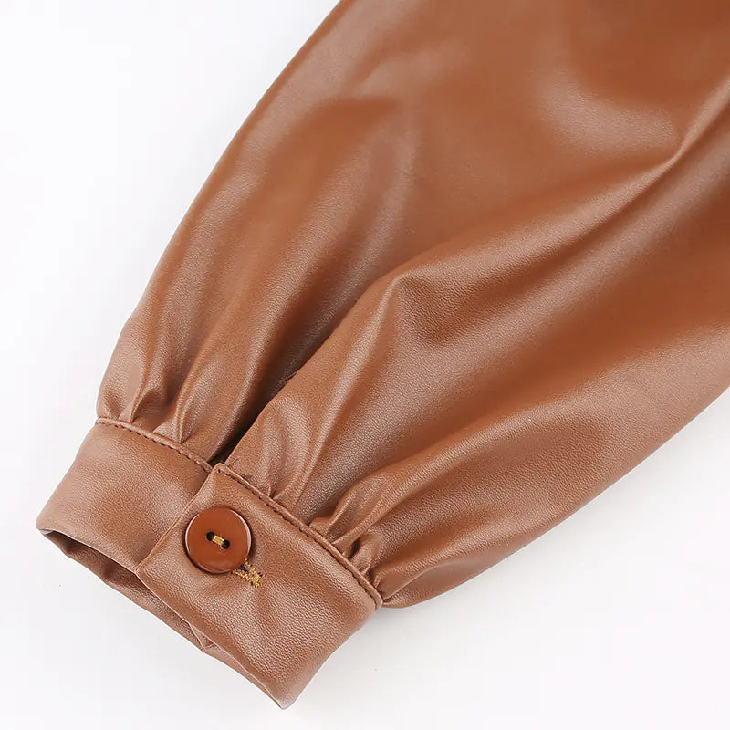 Puff Sleeve Top, Women's Leather Shirt, Fashion Blouse