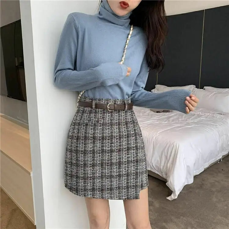 High-Waisted A-Line Woolen Plaid Skirt for Women
