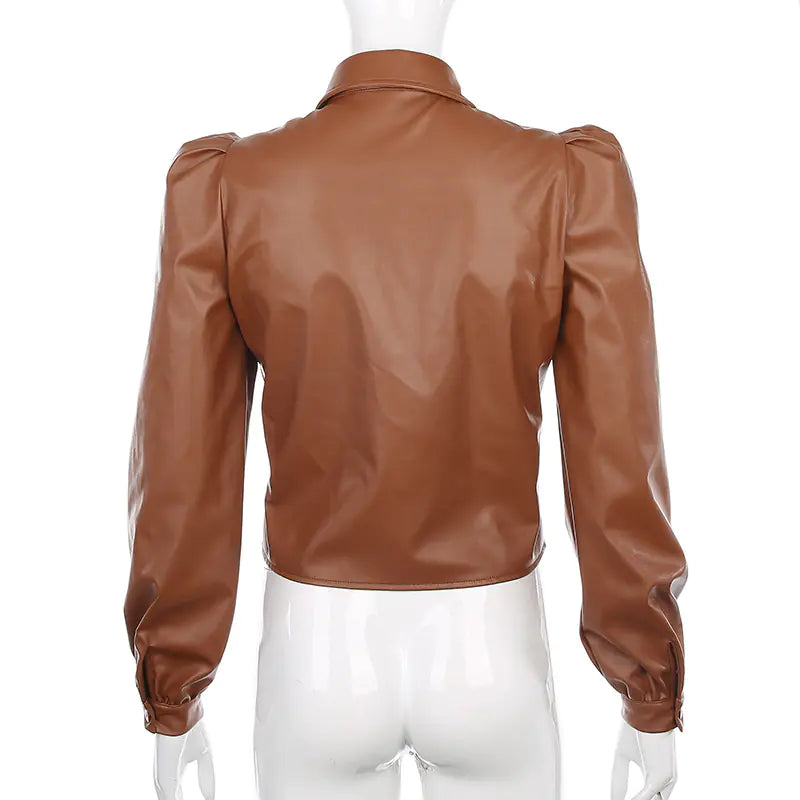 Puff Sleeve Top, Women's Leather Shirt, Fashion Blouse