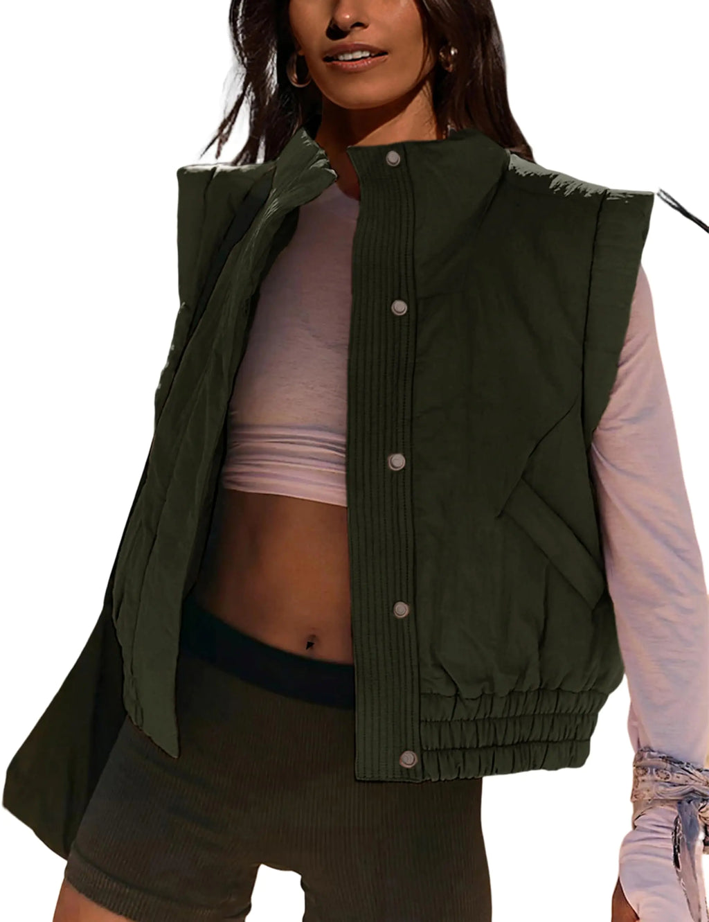 UANEO Womens Crop Vest Cropped Puffer Vest Quilted Lightweight Padded Gilet with Pockets(ArmyGreen-S)