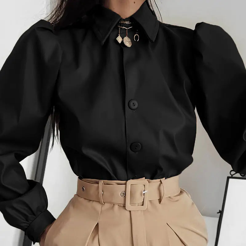 Puff Sleeve Top, Women's Leather Shirt, Fashion Blouse