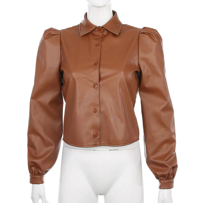 Puff Sleeve Top, Women's Leather Shirt, Fashion Blouse