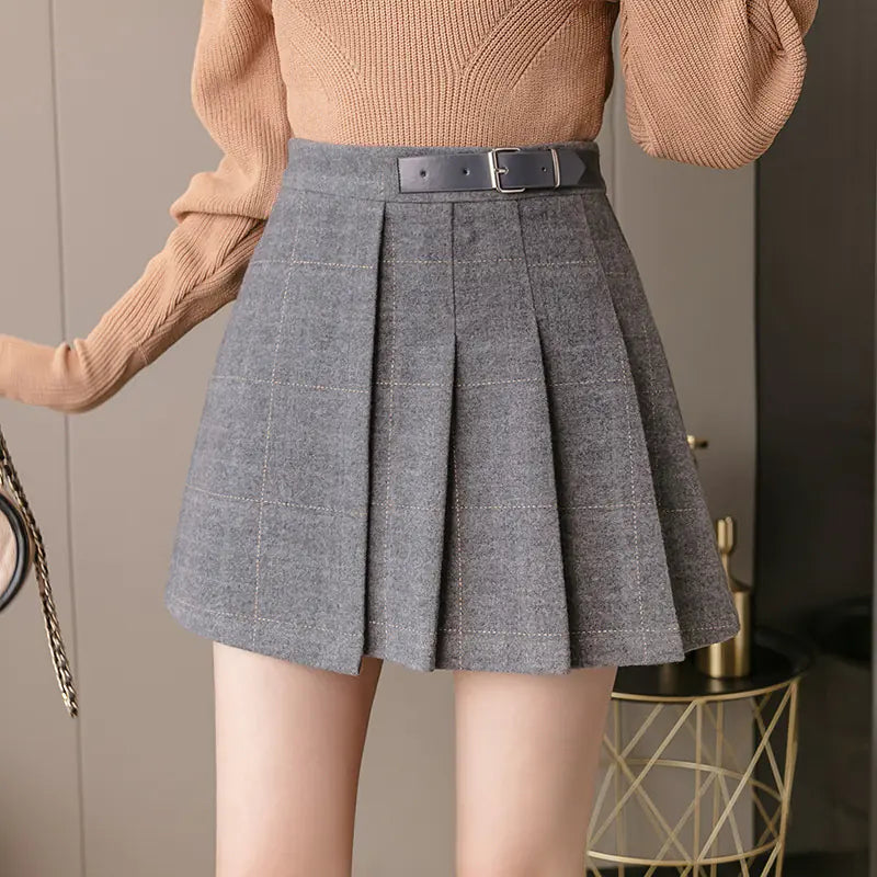 High Waist Thin Woolen Plaid A-line Skirt