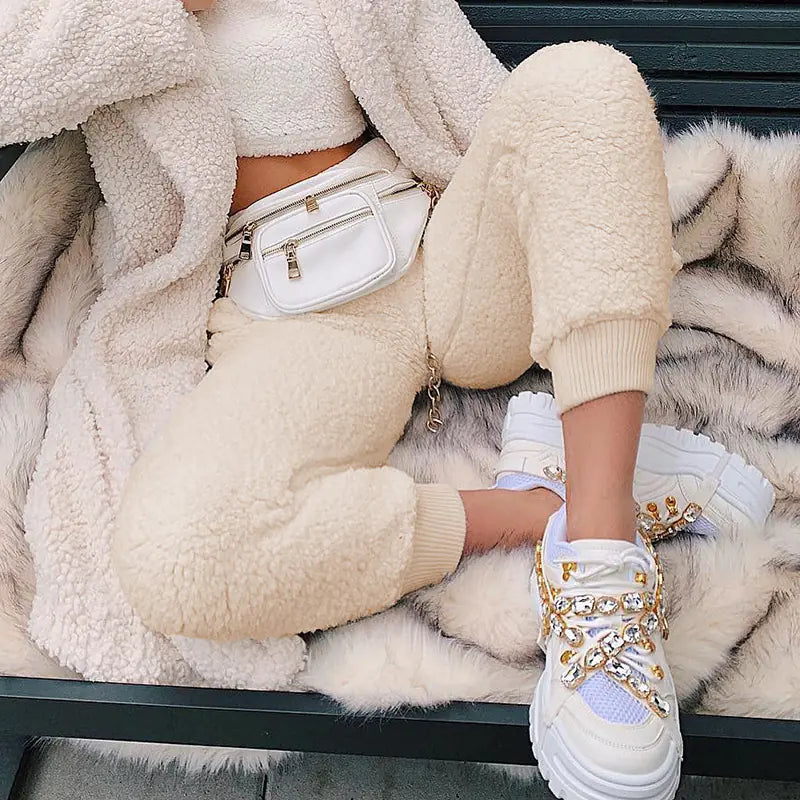 Pantalons Décontractés Taille Haute avec Design de Pieds Poilus