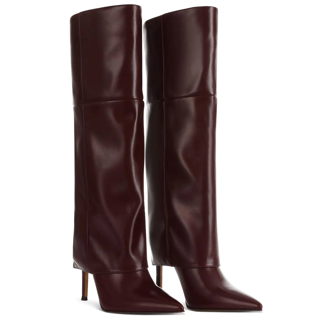 femflame Fold Over Boots For WomenPointed Toe Stiletto Heel Knee High Boots Wide Calf Long Boots Tall Boots