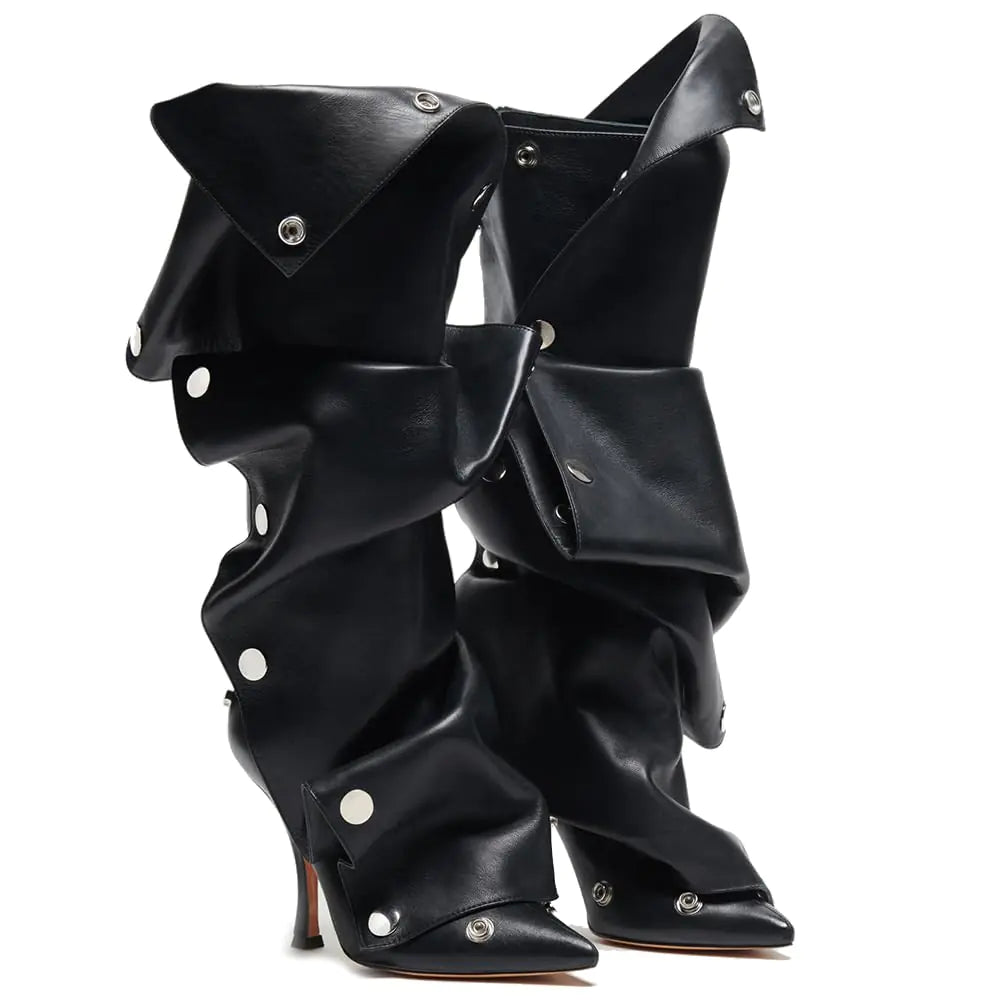 VOMIRA Womens Knee High Boots Stiletto Boots Pointed Toe High Heels Wide Calf Ruched Slouchy Boots Detachable Snap-off Panel Mid Calf Boots Black Boots