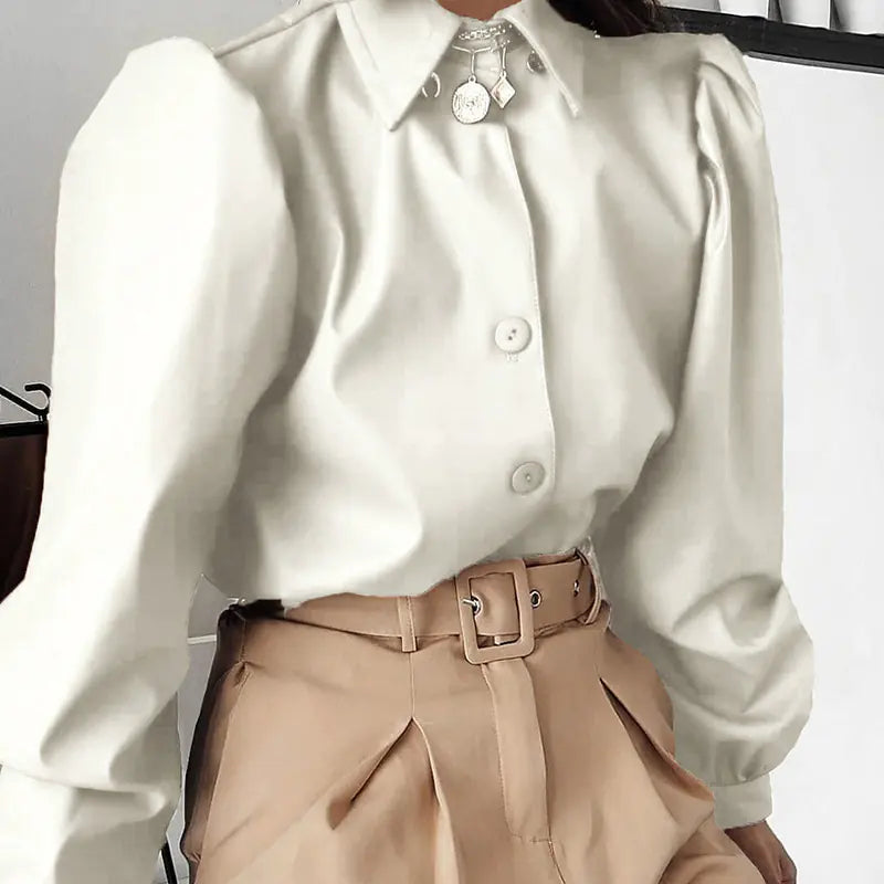 Puff Sleeve Top, Women's Leather Shirt, Fashion Blouse